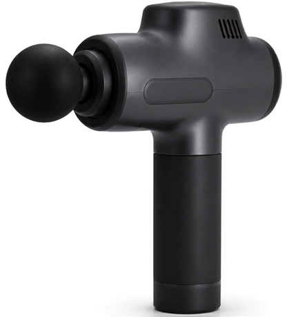 A black handheld massage gun with a spherical massage head, shown from a three-quarters angle on a solid white background.