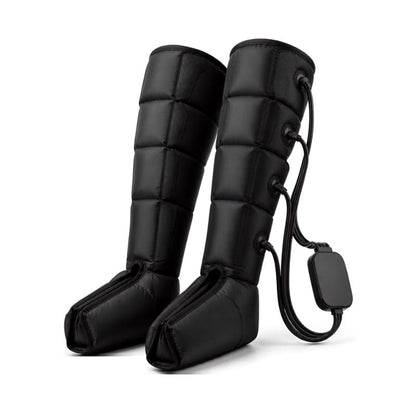 Black electric calf massage sleeves with a padded, quilted design and an attached power cord, shown on a plain white background.