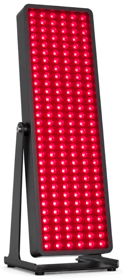 A black LED light bar sign with a grid of glowing red lights, mounted on a black stand against a white background.